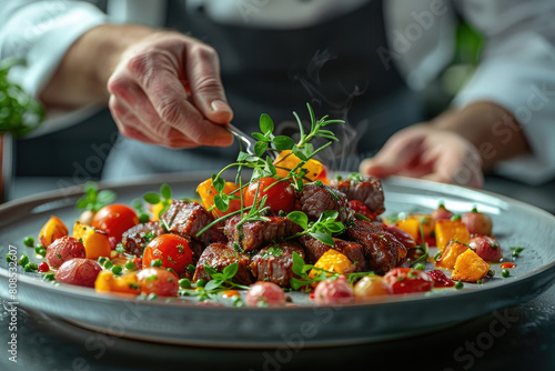  Culinary artistry in action, the chef's hands delicately placing colorful tomatoes and herbs on top of a perfectly seared medium rare beef steak on the plate. Created with Ai