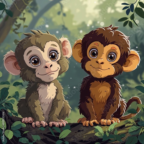 A minimalist illustration style with a white backgroundtwo little monkeys playing in the woods photo