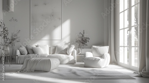 Ultra-detailed 3D rendering of a minimalist living room with an artistic mood  focusing on creative  simple furniture arrangements and a monochrome palette.