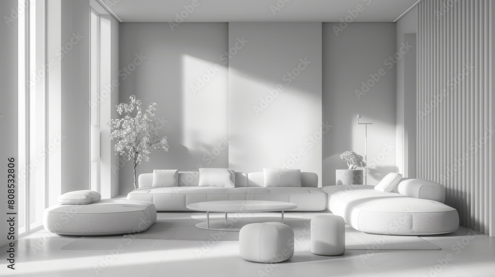 Ultra-detailed 3D rendering of a minimalist living room with a futuristic mood, featuring clean lines, high-tech materials, and a monochromatic color scheme. Ultra-detailed 3D rendering of a minimalist living room with a futuristic mood, featuring clean lines, high-tech materials, and a monochromatic color scheme.
