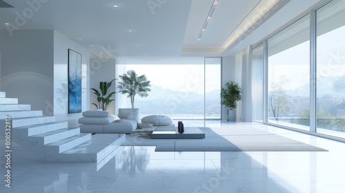 Ultra-detailed 3D rendering of a minimalist living room with a futuristic mood, featuring clean lines, high-tech materials, and a monochromatic color scheme.