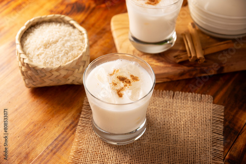 Horchata water. Also known as horchata de arroz, it is one of the traditional fresh waters of Mexico, it is made with rice and cinnamon. Traditionally prepared in a container called Vitrolero.