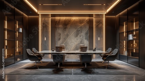 Ultra-detailed 3D rendering of a minimalist executive meeting room with a stone table, wall recessed lights, and leather swivel chairs for a luxurious yet simple design. photo