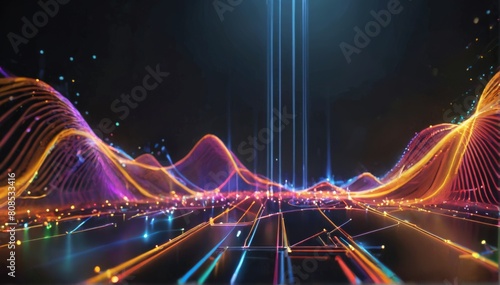 Vibrant night scene of a bridge with colorful glowing lines, reflecting in wave patterns on the water below