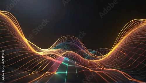 Blue sine waves with glowing particles depict the energy of unseen realms in a scientific illustration photo