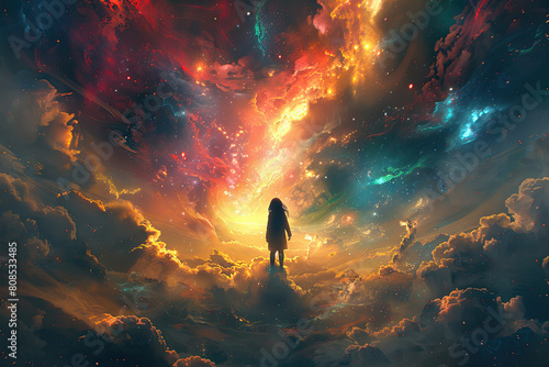 A young boy stands at the center of an endless abyss, surrounded by swirling colors and shapes that represent his emotions. Created with Ai photo