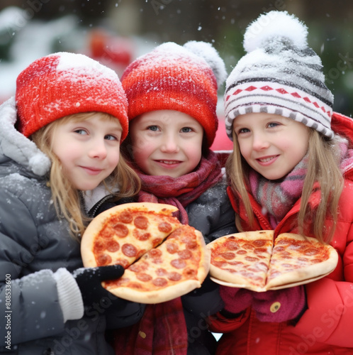 pizza party for school kids, studio lighting, outdoor, cold weather, happy 