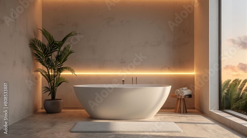 Ultra-detailed 3D rendering of a minimalist bathroom with clean architectural lines  a hidden cistern toilet  and LED lighting strips for a contemporary feel.