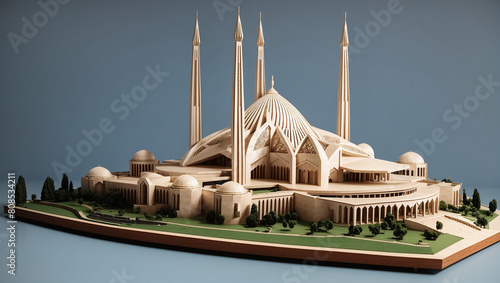 a model of the Faisal Mosque in Islamabad, Pakistan. It is made of wood and is sitting on a green surface against a grey background. photo