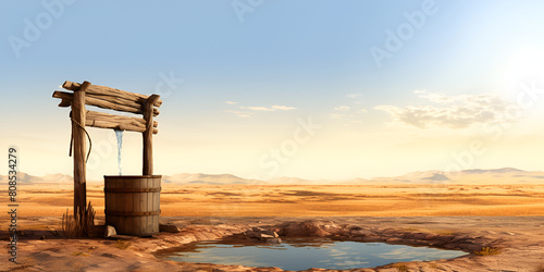 A water well in a desert secret with shiny sun under the blue sky background
 photo