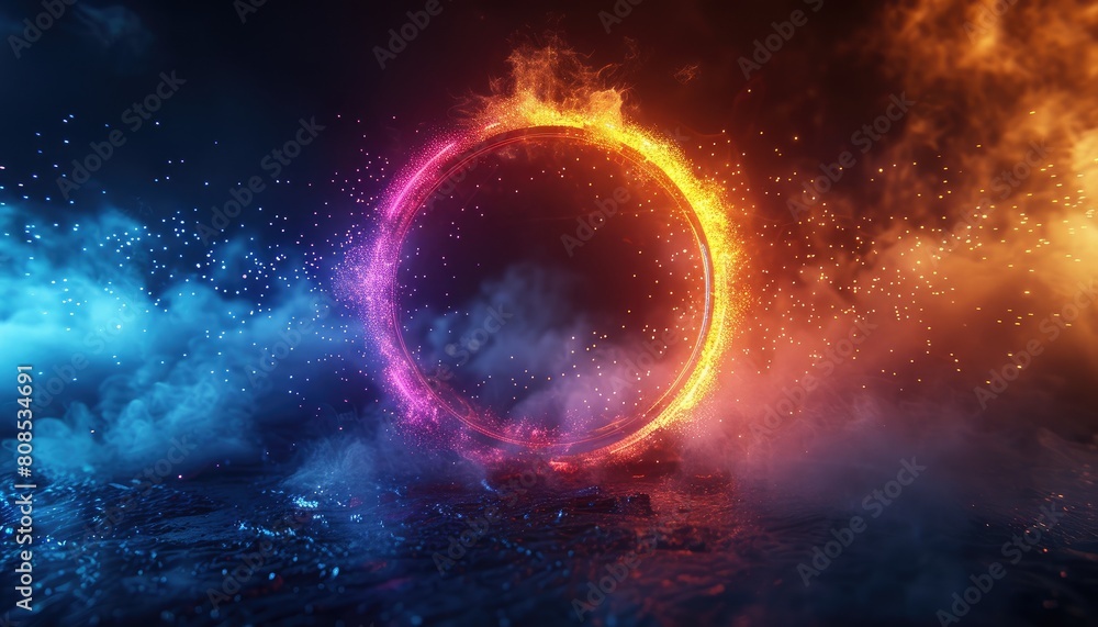 Obraz premium A red and blue lighted circle is in the middle of a foggy, misty by AI generated image