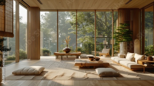 Ultra-detailed 3D rendering of a Japan living room with floor-to-ceiling windows  a subtle mix of textures  and soft natural light for a tranquil setting.