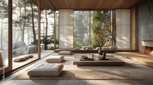 Ultra-detailed 3D rendering of a Japan living room with floor-to-ceiling windows  a subtle mix of textures  and soft natural light for a tranquil setting.