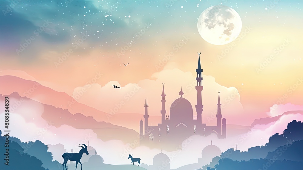 Ramadan Kareem background with mosque, sheep and goat. Vector illustration.