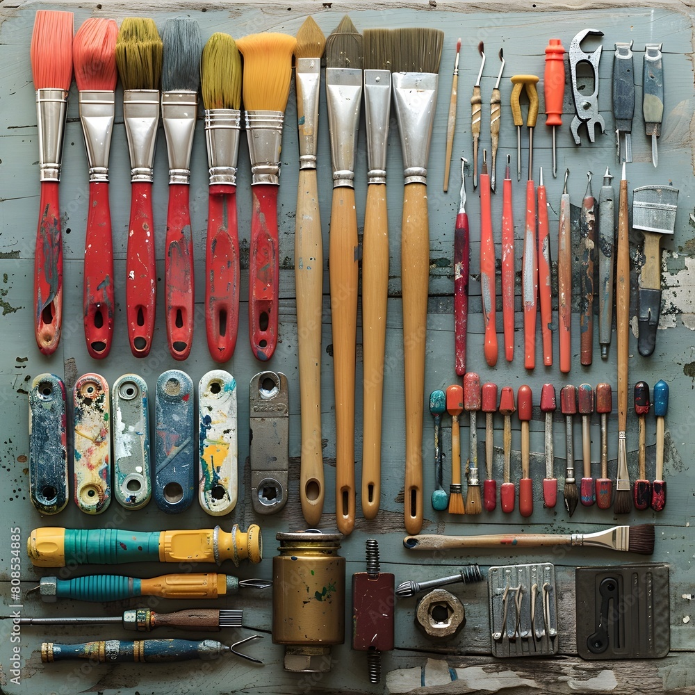 Assortment of DIY Supplies and Hardware Tools in Still Life Painting Style on Rustic Natural Wood Assortment of DIY Supplies and Hardware Tools in Still Life Painting Style on Rustic Natural Wood