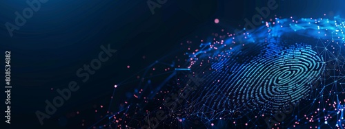 A digital illustration of biometric security technology with an illuminated fingerprint on the left side.