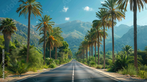 Asphalt road with palm trees on sides and mountains on background