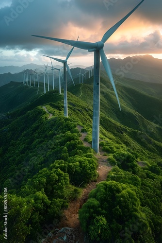Majestic Wind Turbines Dominating the Lush Undulating Hillscape at Sunset