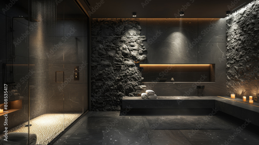 Ultra-detailed 3D rendering of a contemporary bathroom with matte black finishes, a frameless shower, and indirect lighting hidden in architectural details. Ultra-detailed 3D rendering of a contemporary bathroom with matte black finishes, a frameless shower, and indirect lighting hidden in architectural details.