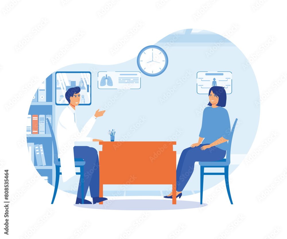 Medicine concept with doctor and patient. Practitioner doctor man and young woman patient in hospital medical office. flat vector modern illustration 
