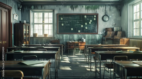 "Inviting School Classroom Scene with Neat Rows of Desks and a Classic Blackboard – Education Concept