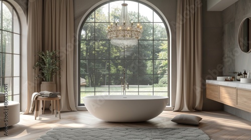Ultra-detailed 3D rendering of a contemporary bathroom with a clean, open design, where a central chandelier provides a dramatic focal point and ample light. © G.Go