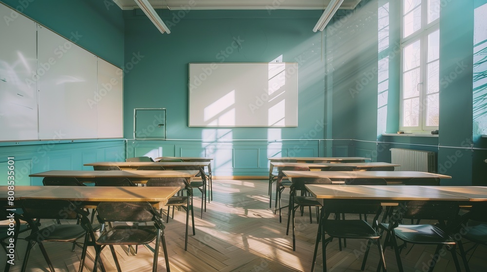 High School Classroom Interior with Empty Desks and Chairs, Vintage Tone Educational Concept High School Classroom Interior with Empty Desks and Chairs, Vintage Tone Educational Concept
