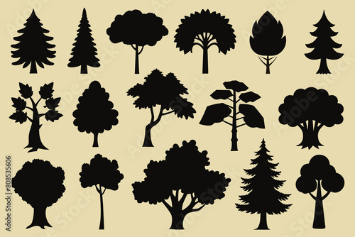 Set of Tree Silhouette Design with Transparent Background and Vector Illustration