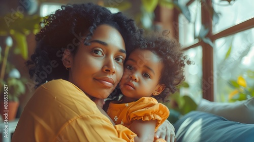 A beautiful black woman with curly hair, wearing an orange blouse and holding her baby girl in the living room, both looking at the camera, warm natural light from the window. photo