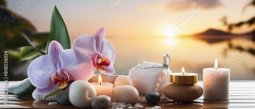 Spa treatment setup with floral accents and serene water background for relaxation