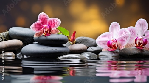Spa setting for relaxation with tranquil water, stones, and floral elements for well-being