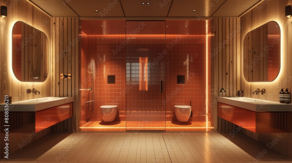 Ultra-detailed 3D rendering of a Bauhaus bathroom with clean lines, wooden panels, and metal hardware, illuminated by custom-designed light fixtures. Ultra-detailed 3D rendering of a Bauhaus bathroom with clean lines, wooden panels, and metal hardware, illuminated by custom-designed light fixtures.