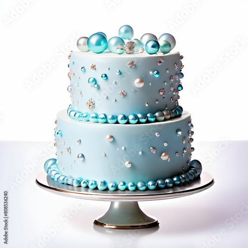 cyan color Cake with gem and diamonds on top  gem and diamonds decorating cake  silver ball side  worthy nice sky blue cake design with beautiful light background  value gold cake design cyan colors