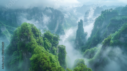 Huge green mountains  in the style of Chinese style  surrounded by clouds and mist in the sky. Created with Ai