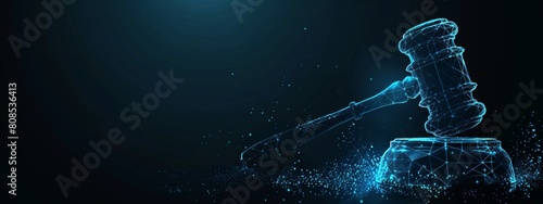 Digital gavel and glowing dots on a dark blue background, a vector illustration of a computerized digital online court concept with low poly lines.