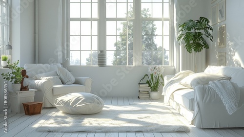 Ultra-detailed 3D illustration of a sunlit living room with stark white, mass-produced objects that reflect the soft, clean light of a sunny afternoon.