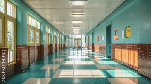 Vibrant School Hallway Interior - 3D Illustration with Modern Design and Bright Lighting