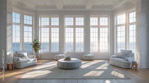 Ultra-detailed 3D illustration of a spacious living room with minimalist  large bay windows  and a serene  neutral color palette.