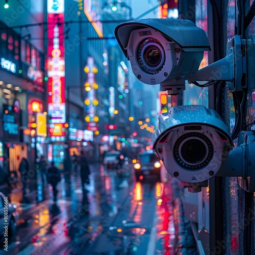 Surveillance Overlooking Neon Soaked City Street at Night