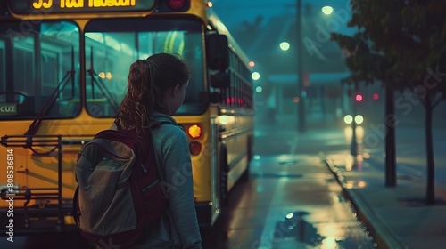 Schoolgirl eagerly awaits morning bus on suburban street in anticipation of another day of learning