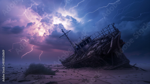 arafed ship on the beach with lightning in the background photo