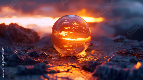 Embrace the Glow of Possibility in Every Moment - Captivating Glowing Orb Reflects Vibrant Sunset Landscape in Ethereal Dreamscape photo