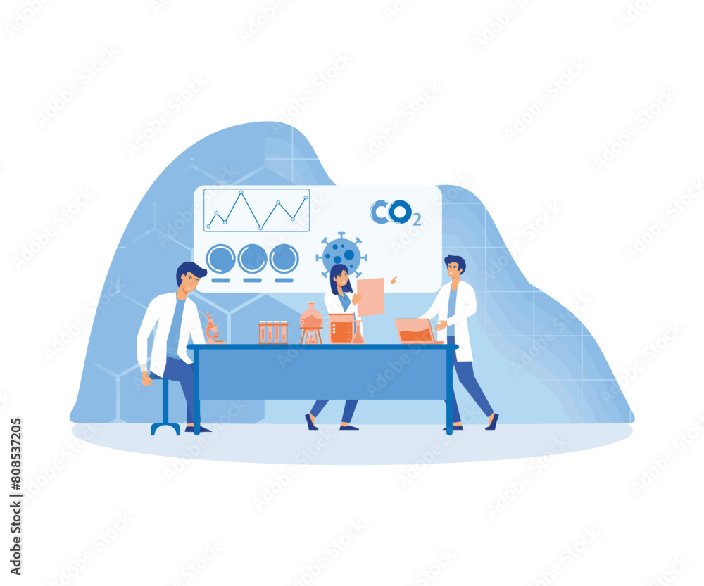 Professional scientists, doctors and chemical researchers working and analysis in laboratory experiment. flat vector modern illustration Professional scientists, doctors and chemical researchers working and analysis in laboratory experiment. flat vector modern illustration