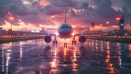The airplane is ready to take off. The runway is wet from the rain. The sun is setting in the background. photo
