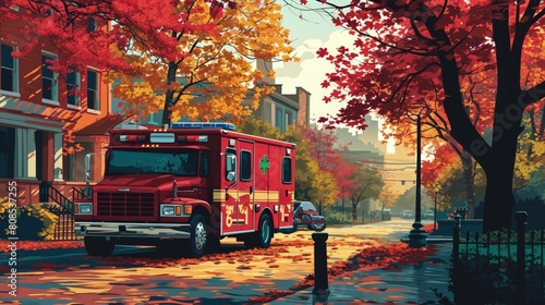 An inspiring illustration with a vibrant red hue illustrating paramedics and emergency medical  photo