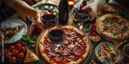  a group toasting with red wine glasses, in the middle is pizza and surrounded by Italian food on the table,