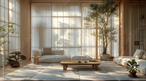 Ultra-detailed 3D illustration of a Japan living room with minimalist wooden accents  sparse decor  and gentle morning light streaming through sheer curtains.