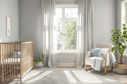A Scandinavian style nursery room with light gray walls  white furniture and pastel blue accents. A wooden crib is placed in the center of the room