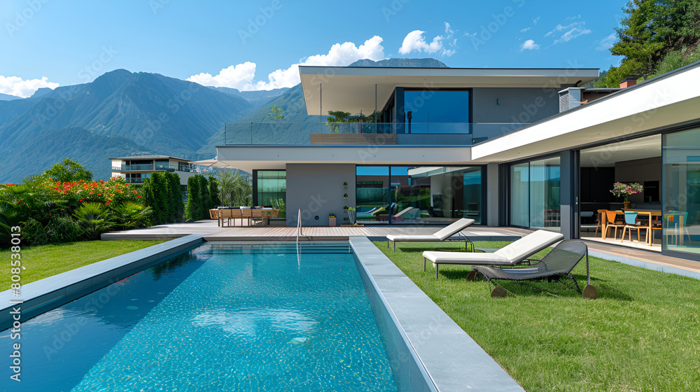 Luxury modern house with swimming pool and beach at sunset,Modern white villa with garden,Modern villa with pool, view from the garden,Residential villa with spectacular swimming pool with mountain


