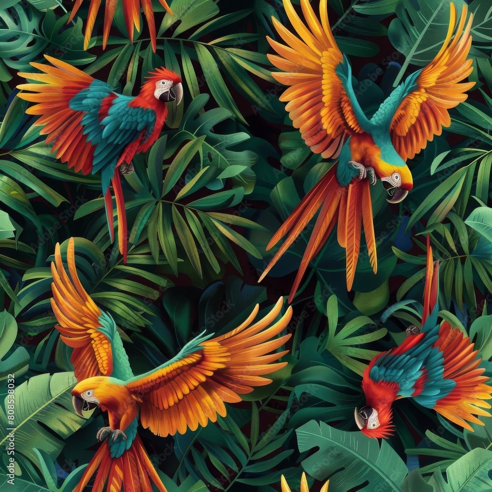 Obraz premium Parrots in the jungle. Seamless tropical pattern with exotic birds, palm leaves and flowers.